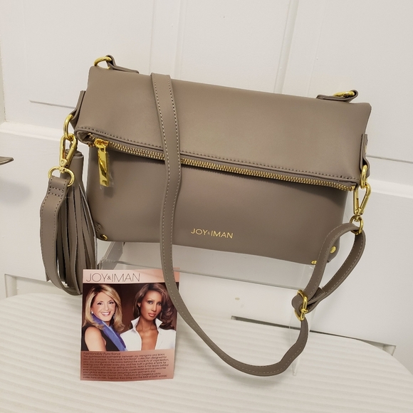 NWOT Joy & Iman Taupe Grey Leather Crossbody/Clutch - Picture 1 of 13